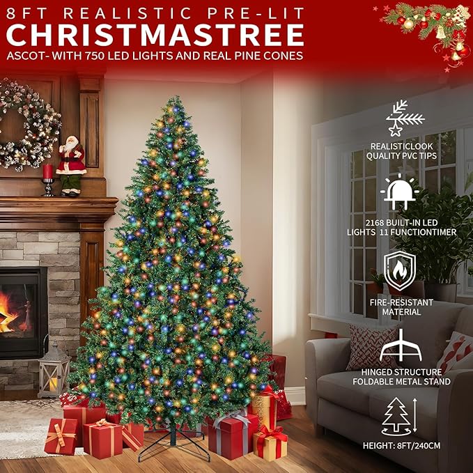 8FT Christmas Tree with Lights,Artificial Christmas Tree with 750 LED Lights and 2168 Branch Tips,Xmas Tree with Foldable Stand Perfect for Indoor&Outdoor,Christmas Decoration for Party by DNKMOR