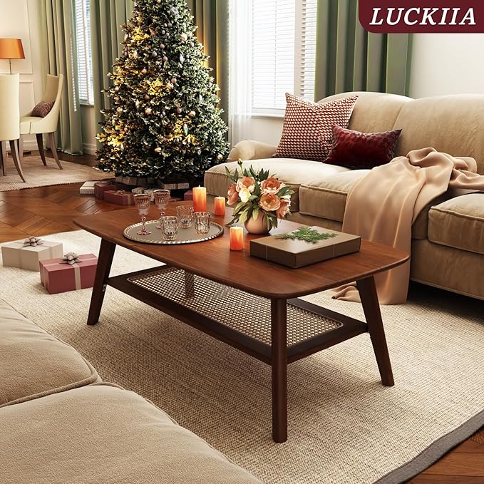 Coffee Table Small Solid Wood Center Table Mid Century Vintage Living Room Coffee Table, Walnut Rattan 39.37 Inch