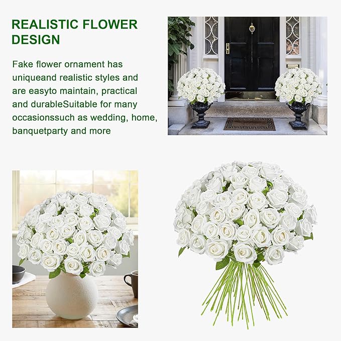 Artificial Flowers Roses Touch Fake Rose Bouquet Flower Stem for Wedding Centerpieces DIY Wreath Home Decorations Silk Roses Mothers Party Fake Outdoor Flowers Decor 19.6"(50PCS White)