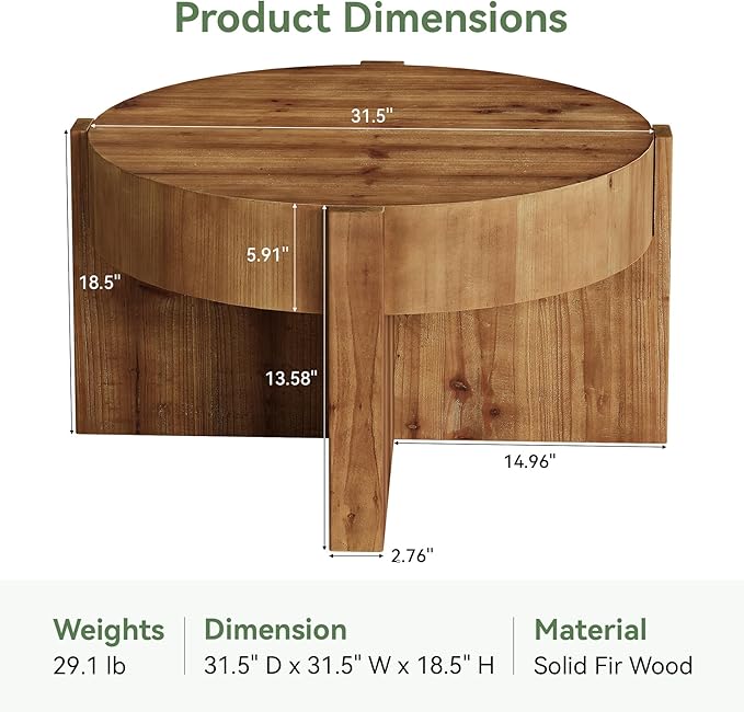 Solid Wood Coffee Table, 32 Inch Round Coffee Table for Living Room, Large Farmhouse Center Table with Thick Tabletop for Home, Easy Assembly, Rustic Brown