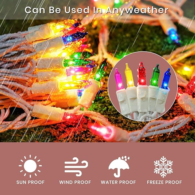 Multicolor Christmas Lights- 100 Count Mini Incandescent Indoor Lights with White Wire, UL Listed Connectable, Bright & Colorful String Lights for Kids’ Room, Party & Festival Décor