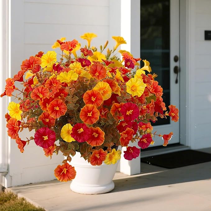 Artificial Fake Mums Fall Flowers for Outdoor Decorations, 12 Bundles Fake Flowers Artificial Plants Outdoor UV Resistant Plastic Faux Silk Flowers for Porch Planters Patio Garden