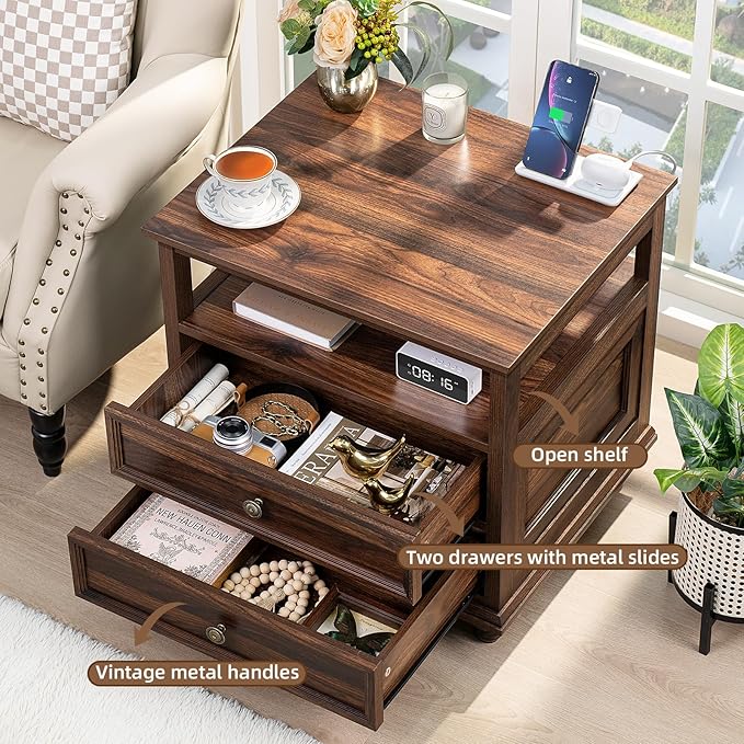 Farmhouse Nightstand Set of 2 with Charging Station, 24" Wide End Table with 2 Drawers,Brown Dresser for Bedroom,Bed Side Table Chest of Drawers Cabinet, Night Stand for Living Room