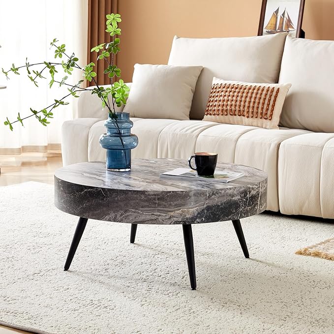 LKTART Coffee Table for Living Room, Round Wood Coffee Tables, Modern Metal Accent Center Tea Table for Apartment Small Space (31Inch-Marble Grey)