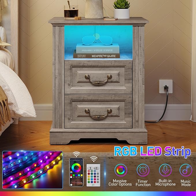 Farmhouse Nightstand Set of 2, Wooden Night Stand with Charging Station, LED Bedside Table with Drawers, Rustic Sofa Side Table, End Table for Bedroom, Living Room, Greige