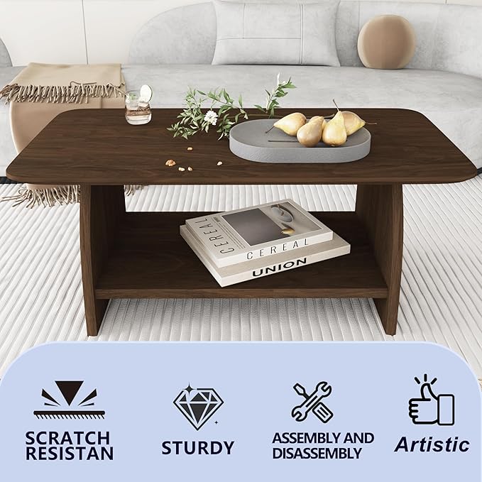 Farmhouse Coffee Table, Rectangular Living Room Table, 47'' Wooden Center Table with Storage, for Living Room, Bedroom, Rounded Corner Design, Walnut