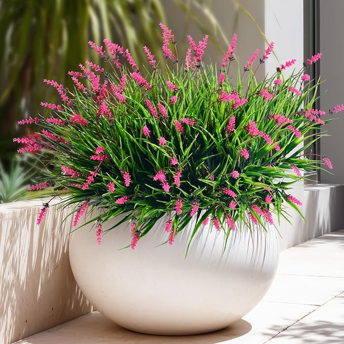 12 Bundles Artificial Lavender Flowers Faux Plants for Outdoor Fake Monkey Grass with Flowers Realistic Faux Greenery Shrubs for Porch Planters Patio Garden Window Boxes Pathway Decor (Pink)