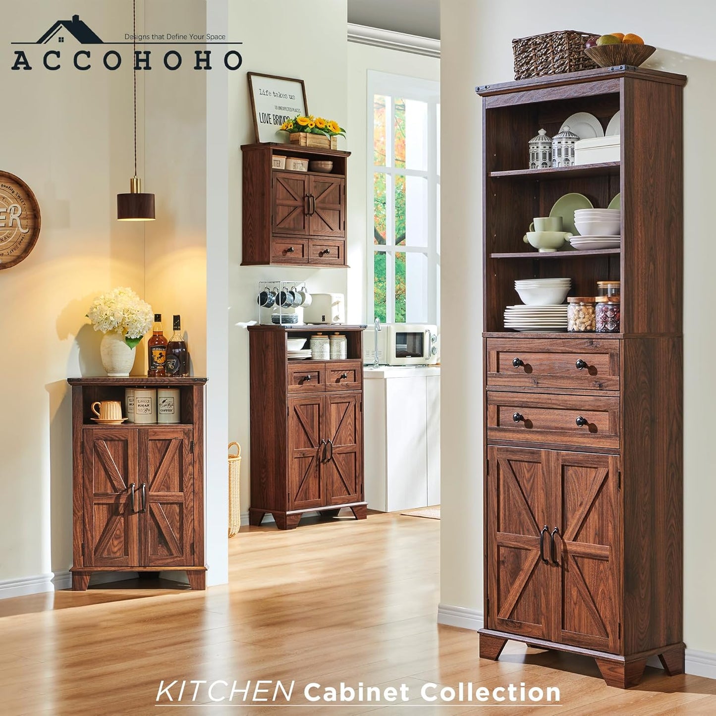 Corner Bathroom Cabinet, Farmhouse Small Cabinet with Barn Door & Adjustable Shelf, Storage Cabinets for Bathroom, Kitchen & Living Room, Brown