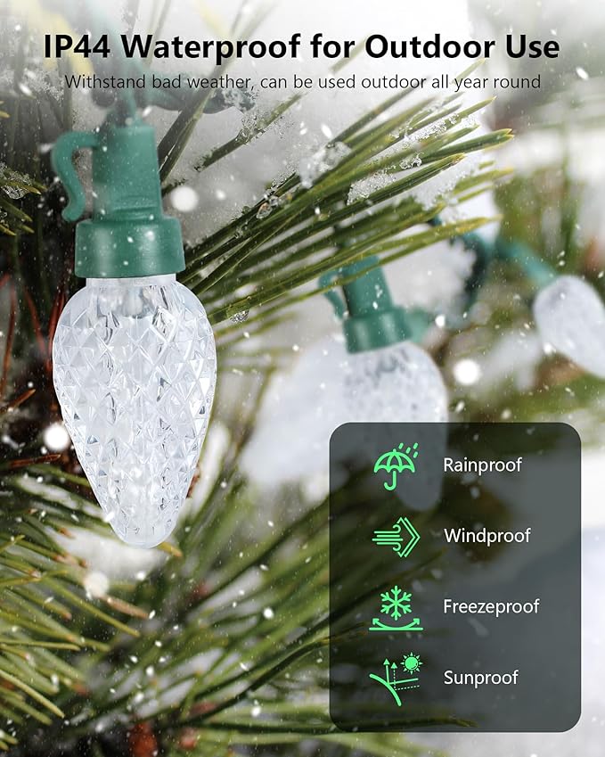 2-Set C7 LED Christmas String Lights, 25.16FT 50 LED Connectable Outdoor Indoor Decorative Light Strand, Cool White Xmas Holiday Lights for House, Christmas Tree, Patio, Party Decoration, UL Listed