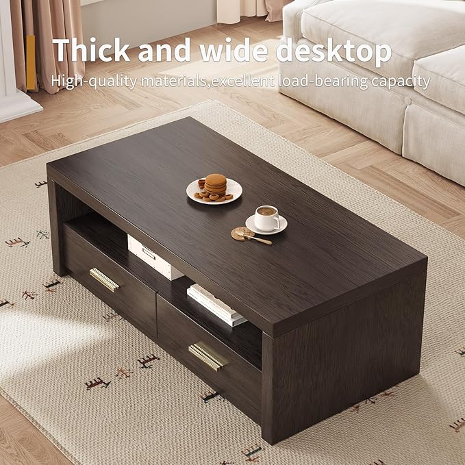 Coffee Table with Storage, 4 Storage Drawers Mid-Century Modern Rectangular Center Table, Retro Tea Table with Open Display Area for Bedroom, Living Room