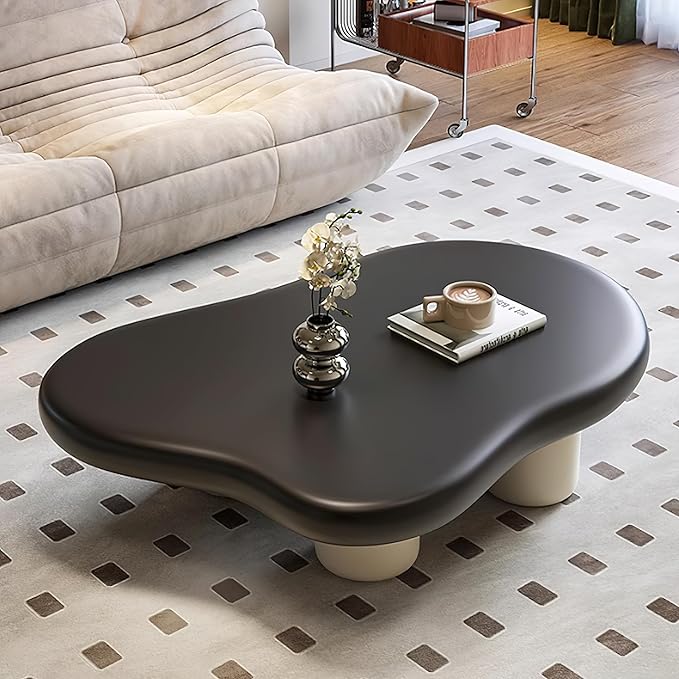 48 Inch Cloud Coffee Table, Modern Coffee Table for Living Room, Large Wood Coffee Side Table with Irregular Tabletop and 4 Sturdy Legs for Home Office Bedroom, Black and White