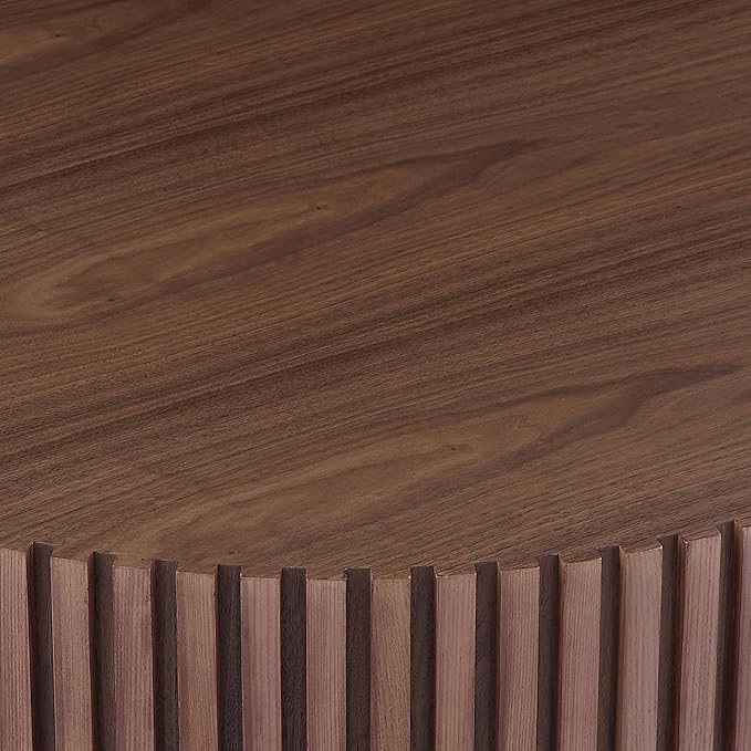31.49" Round Wood Coffee Table for Living Room Circle Pedestal Coffee Table Mid Century Modern Fluted Accent Table for Apartment Easy Assembly (Walnut,Round+Ø31.49"x13.97")