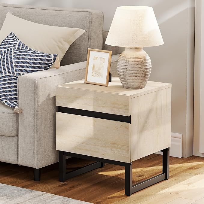 WAMPAT Modern End Table with 2 Drawers, Farmhouse Sofa Table Featuring Black Square Iron Legs, Rustic Wood Side Table for Living Room or Nightstand for Bedroom, Light Oak