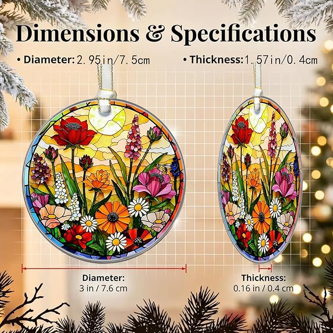 Floral Christmas Ornaments 2025, Stained Glass Christmas Tree Decorations, Exchange for Women, Men, Collectible Dated Year Ornaments for Tree - Glass Hanging Ornament