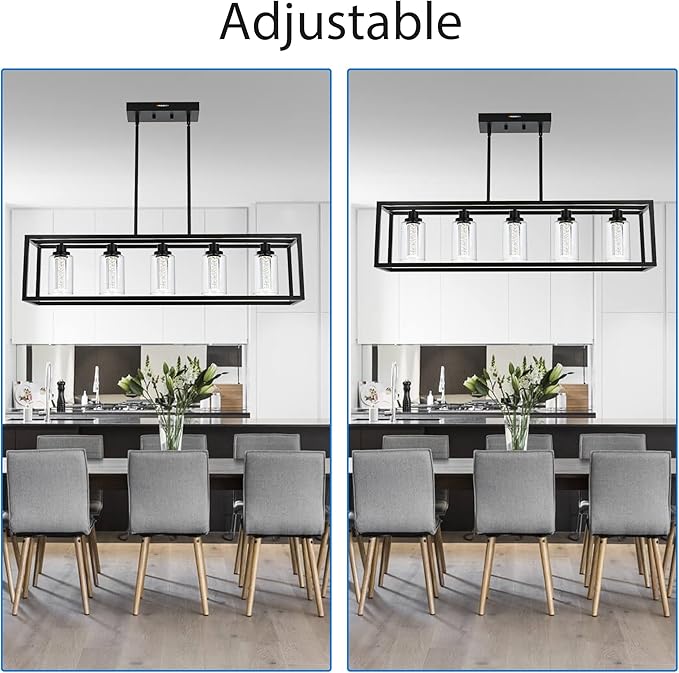 MELUCEE Dining Room Light Fixtures Over Table, 5 Light Black Kitchen Island Lighting LED Pendant Light, Linear Bubble Crystal Chandelier with Clear Glass, Built in LED chips 5-Color Temperature Adjust