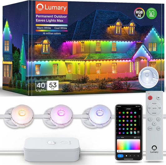 Lumary Permanent Outdoor Lights Max 53ft with 40 LED Eave Lights RGBAICW 2400LM, IP67 Waterproof, IC Control and Scene Modes for Halloween Christmas Decoration, Works with Alexa and Google Assistant