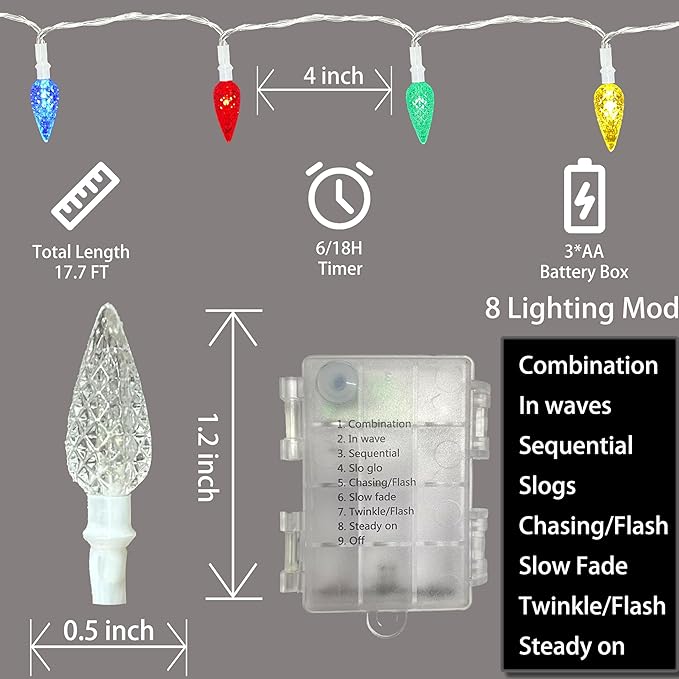 Anycosy Christmas String Lights C3, 50 LEDs Strawberry Waterproof Battery Operated Strings Lights Multicolor 8 Modes & Timer for Xmas Tree Garden Patio Indoor Outdoor Christmas Decorations