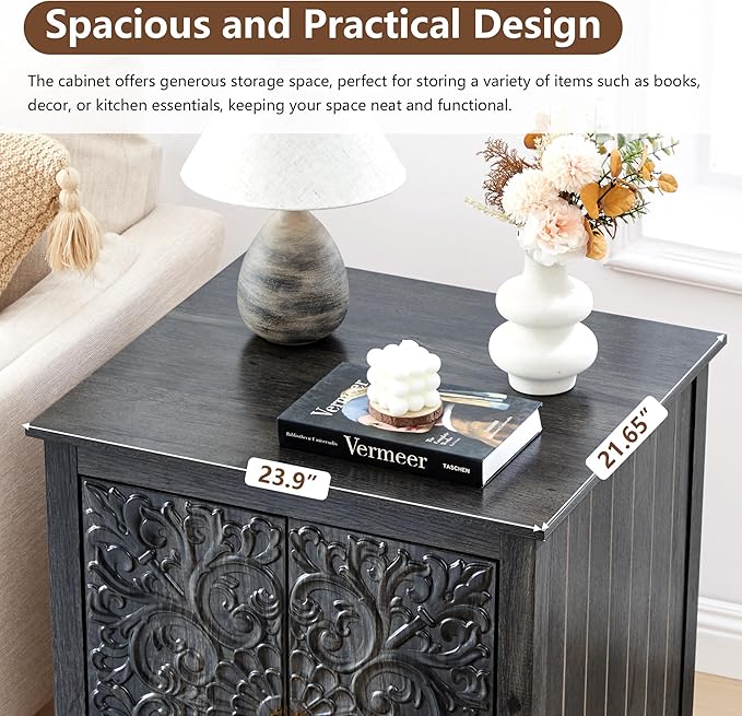 Farmhouse End Table with Carved Floral Door, 24" Wide Nightstand with Adjustable Shelf, Wooden Square Sofa Side Table Storage Table for Living Room Bedroom (Antique Black-Brown)
