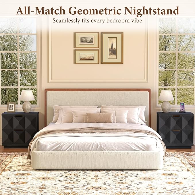 Brafab Black Nightstand Set of 2 with 20W Fast Charging Station, 23.6'' Bedside Table with Geometric Drawers Storage & Gold Handle, Large Modren Wooden Night Stand for Bedroom, End Table for Sofa Side