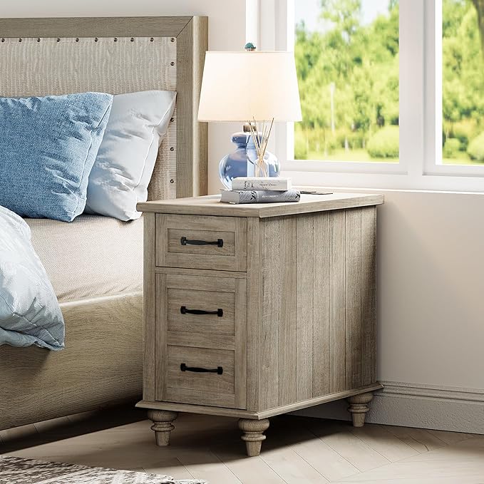 WAMPAT Gray End Table with Charging Station, Wooden Side Table with 1 Drawer &1 Storage Cabinet, Mid Century Modern Nightstand with Power Outlets & USB Ports for Living Room, Bedroom