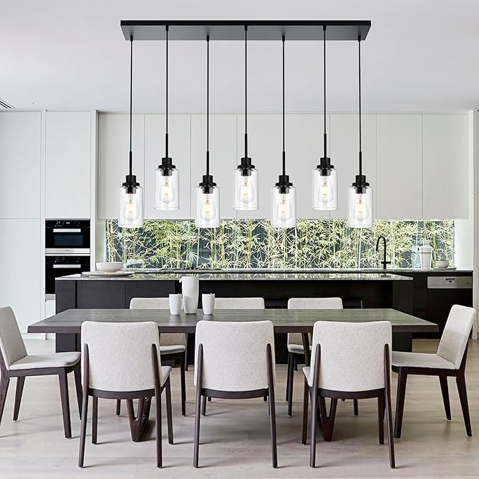 MELUCEE Linear Hanging Pendant Lights with Clear Glass Shade Black Dining Room Light Fixtures Over Table Kitchen Island Lighting, Adjustable Hanging Height