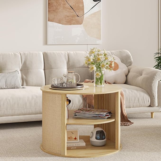 Wood Round Coffee Table with Storage, 2-Tier Boho Wooden Center Coffee Table with Adjustable Shelf, Sackcloth Finish, Farmhouse, for Living Room, 27.5 Inches
