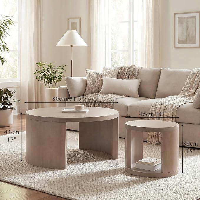 Round Coffee Table Set of 2, Nesting Coffee Tables with Storage,Living Room Table Set,Modern Wood Center Table for Living Room,Apartment,31.5" & 18" Coffee Table Set,Gray