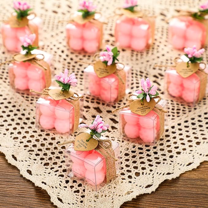 MTLEE 30 Sets Mini Bubble Candles Wedding Favors Gifts for Guests 1.57" x 1.38" Bubble Candles with Cards Dried Flowers DIY Gift Set for Baptism Party Bridal Shower Thank You Gifts (Pink)