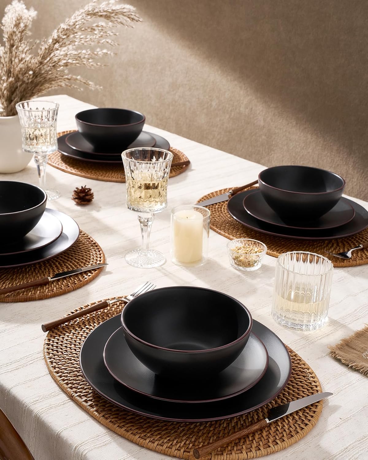 Famiware Venus Plates and Bowls Sets, 12 Pieces Stoneware Dinnerware Sets, Dishes Set for 4, Microwave and Dishwasher Safe, Matte Black