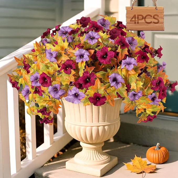 4PCS Artificial Fall Fake Flowers Plants for Outdoor Decoration No Fade Faux Petunias UV Resistant Realistic Autumn Silk Flowers for Home Garden Balcony Yard Porch Deco (Burgundy Purple)