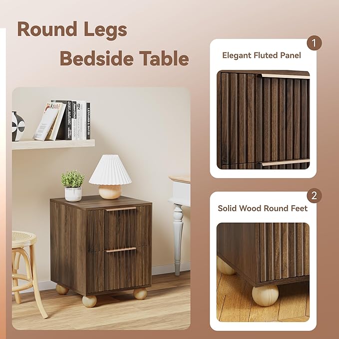 Fluted Nightstand Set of 2, Walnut Finish Bedside Table with Spacious Storage Drawers, Night Stand with Solid Wood Round Legs for Bedroom, End Table, Side Table