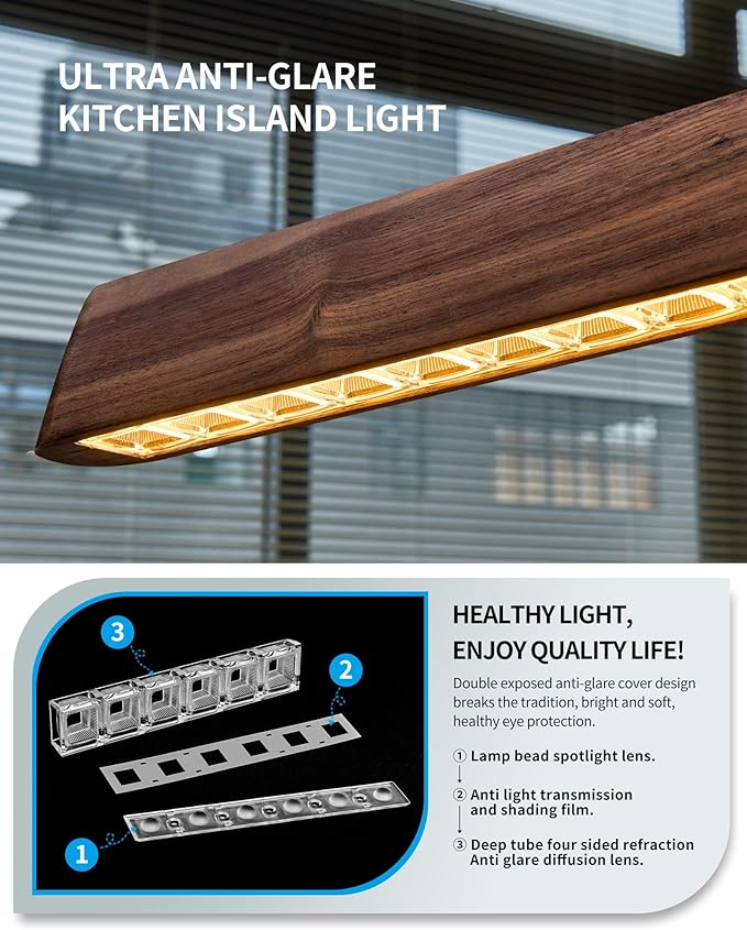 70" Wood Linear Pendant Light, Dimmable Kitchen Island Lighting with Remote, 30W LED Island Lights for Kitchen, Adjustable Linear Chandelier for Dinning Room Light Fixture, Bar, Pool Table - Walnut
