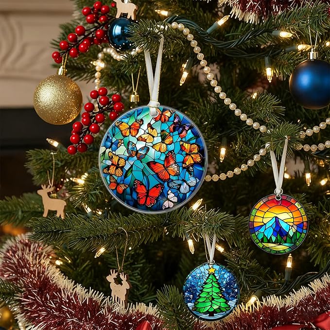 Butterfly Christmas Ornaments 2025, Stained Glass Christmas Tree Decorations, Exchange for Women, Men, Collectible Dated Year Ornaments for Tree - Glass Hanging Ornament