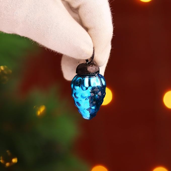 IndianShelf 50 Pieces Silver & Turquoise Glass Vintage Christmas Ornaments Mini Bulk Decorative Ornaments for Halloween, Christmas Tree, New Year, Valentine Day, Holidays Event & Wedding(25 * 2 Boxes)