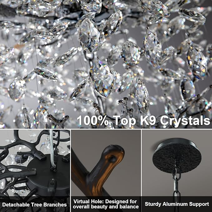 YUYI 63" Long Crystal Chandelier for High Ceiling, 28-Light Black Tree Branch Chandelier, Modern Large Chandeliers for Staircase, Foyer, Entryway, Living Room, 5-Tier Luxury K9 Raindrop Light Fixture
