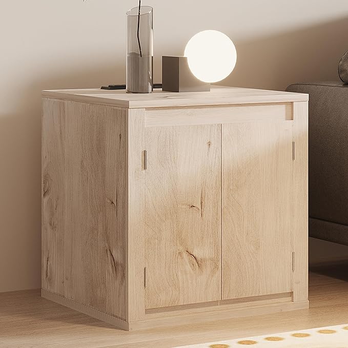 MINCETA End Table with Charging Station and USB Ports, Modern Bedside Table with Door, Rustic Wood Square Nightstand with Adjustable Storage Shelf for Living Room, Bedroom, Gray