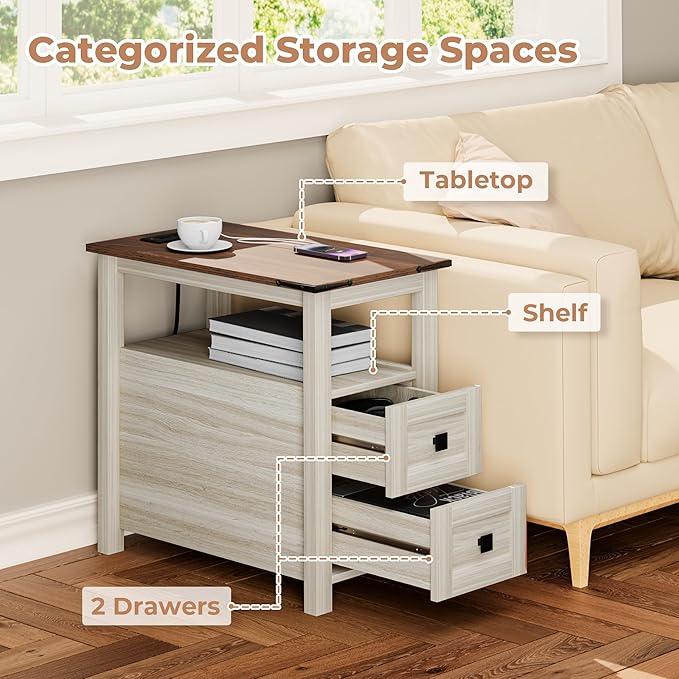 Farmhouse End Table with Charging Station and 2 Drawers, Washed Grey Wood Nightstand Narrow, Skinny Side Table Rustic, Slim Bedside Table, Open Shelf, Small for Bedroom, Living Room, Sofa