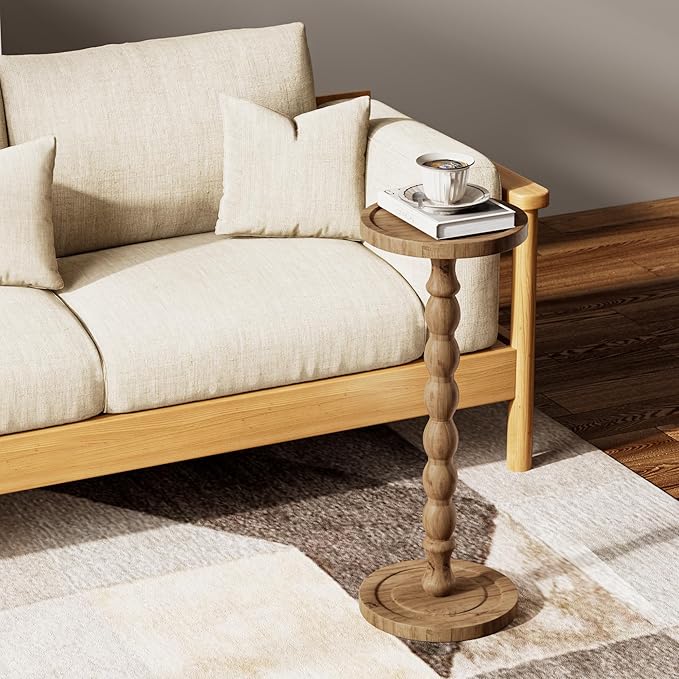 Small Side Table, Rubberwood‌ Drink Table for Small Spaces, Solid Wood Pedestal Tables, Round End Tables for Living Room, Bedroom, Corners, and Office (Brown, 9.4 inch)