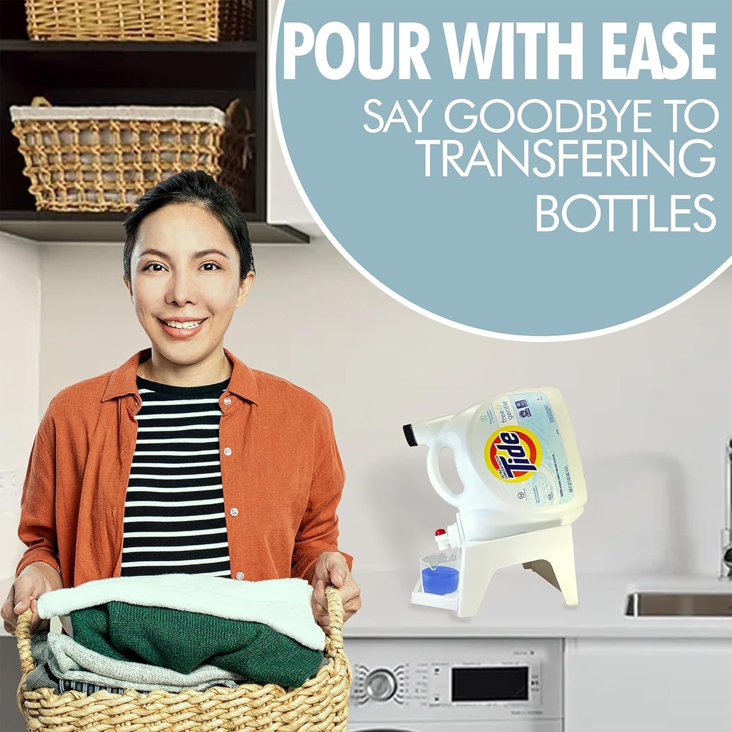 TidyFriend 2 Pack Laundry Detergent Dispenser with Tray & Strap, Laundry Soap Dispenser with Non-Slip Rubber Feet for Washing Room Organization, Easy Pour (White)