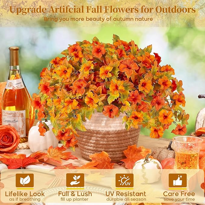 Artificial Fall Fake Flowers Plants for Outdoor Decoration 2PCS No Fade Faux Petunias UV Resistant Realistic Autumn Silk Flowers for Home Garden Balcony Yard Porch Deco (Orange Yellow)