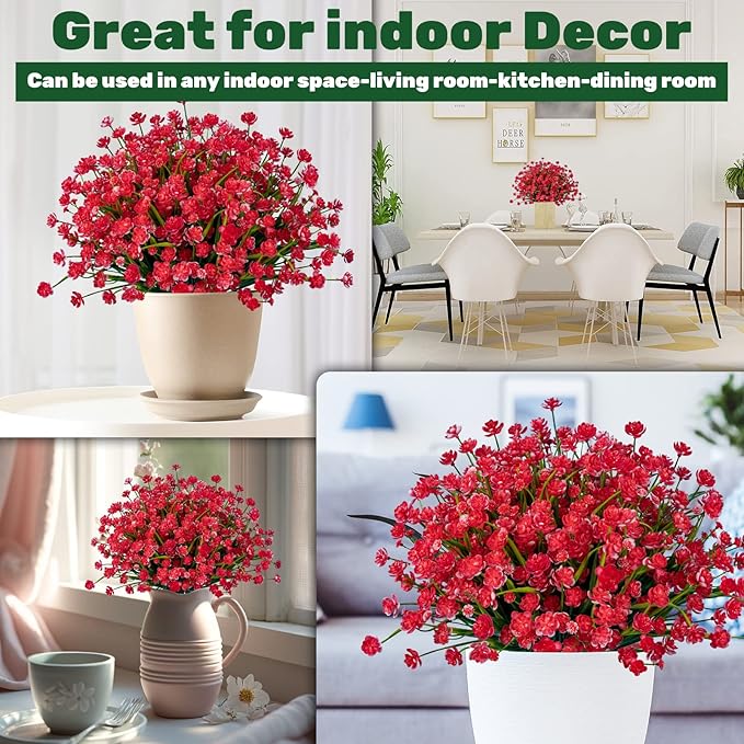 Lnoicy 10pcs Artificial Flowers for Outdoor,Plastic Flowers Decoration, UV Resistant Faux Flowers Shrubs, Artificial Plants for Indoor Outside Garden Home Wedding Farmhouse(Red)