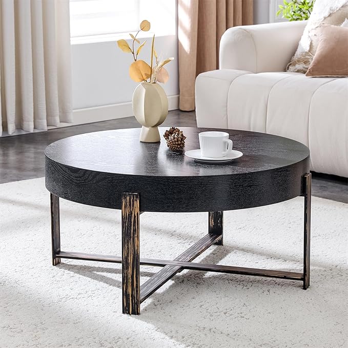 LKTART 31.5'' Round Coffee Table for Living Room, Modern Wood Handcraft Drum Coffee Table with Storage, Stainless Steel Legs Tea Tables, Apartment Small Space, Black