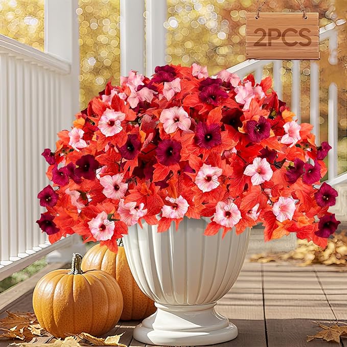 Artificial Fall Fake Flowers Plants for Outdoor Decoration 2PCS No Fade Faux Petunias UV Resistant Realistic Autumn Silk Flowers for Home Garden Balcony Yard Porch Deco (Dark Red)