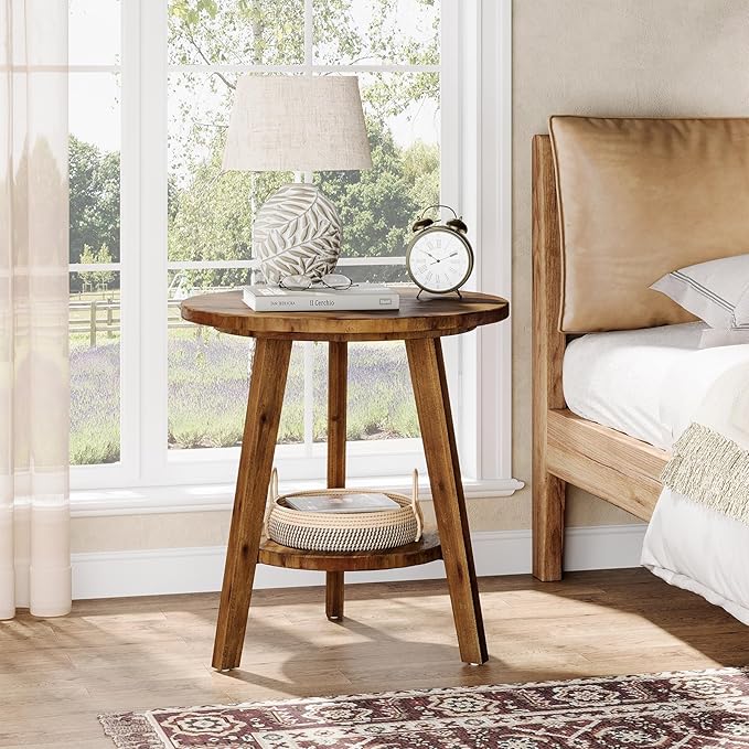 Solid Wood Round End Table, Sofa Side Table with Storage Shelf, Farmhouse Nightstand for Living Room, Bedroom, Easy Assembly (1)