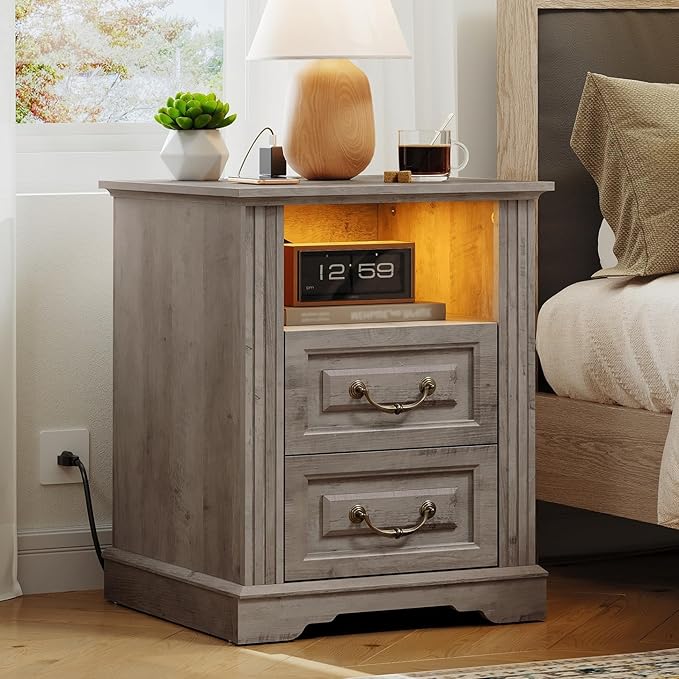 Farmhouse Nightstand with Charging Station, Wooden Night Stand with 2 Drawers, LED Bedside Table, Rustic Sofa Side Table, End Table for Bedroom, Living Room, Greige