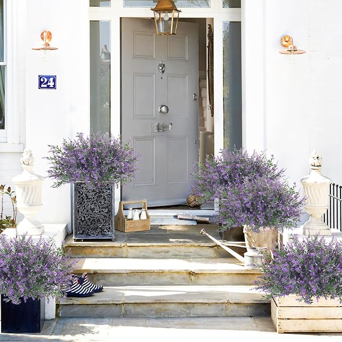42 Pcs Fake Lavender Flowers Outdoor UV Resistant Faux Plastic Lavender Flowers No Fade Artificial Lavender Purple Plants for Outside Garden Porch Window Box Hanging Planter Decor (Purple)