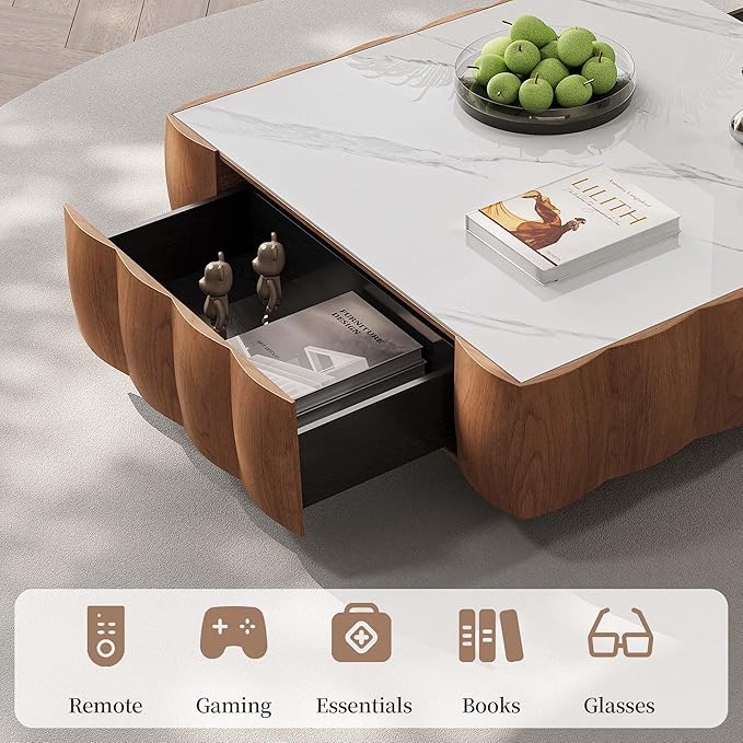 Fully Assembled Square Coffee Table Modern with Storage, 36.2" Toast Shape Luxury Wooden Center Table with Marble Look Table Top, for Living Room, Small Space