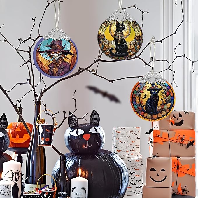 2025 Ornaments for Christmas Tree, Zmoicky Stained Glass Hanging Ornament, Christmas Ornaments Clearance, Gift Exchange Ornament, Bauble Present - Witch's Black Cat