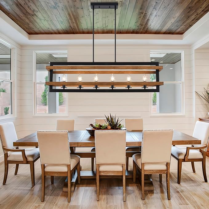 Farmhouse Dining Room Light Fixtures Rectangle Chandeliers Kitchen Island Lighting Vintage Pendant Lights Fixture 6-Lights Wood Grain Iron Chandelier for Dining Room Living Room Kitchen
