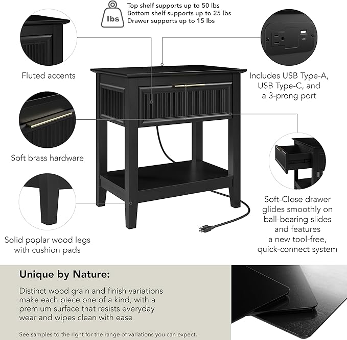 Bush Home Fluted Nightstand with Drawer, Bedroom Furniture, Camille Collection, Onyx Birch Black